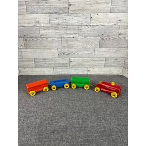 Vintage PLAYSCHOOL Wooden TRAIN Set 4pc Hand Painted ENGINE Cars Linked Colorful